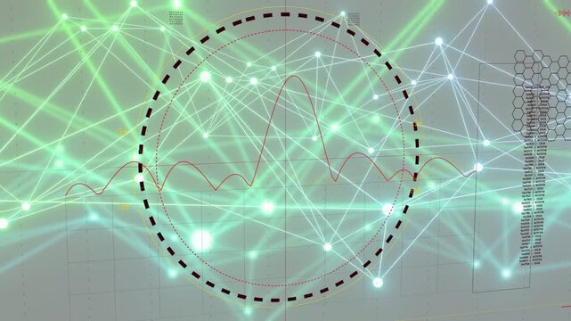 Red waveform entering from left, centered ring expanding, network pulsing, showing central peak
