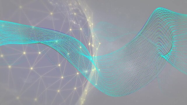 On start teal ribbon sweeping right, undulating over nodal sphere, showcasing network connectivity