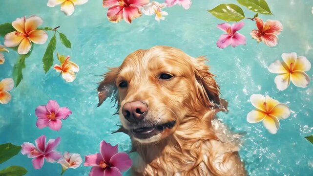 Golden retriever dog floating in a pool with colorful flowers creating a serene and tropical spa concept for pet relaxation and summer vacation graphic.