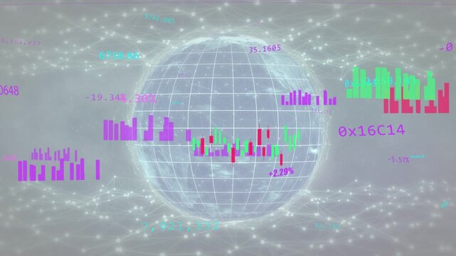 On data update semi-transparent globe rotating, candlesticks and histograms sliding, showing market