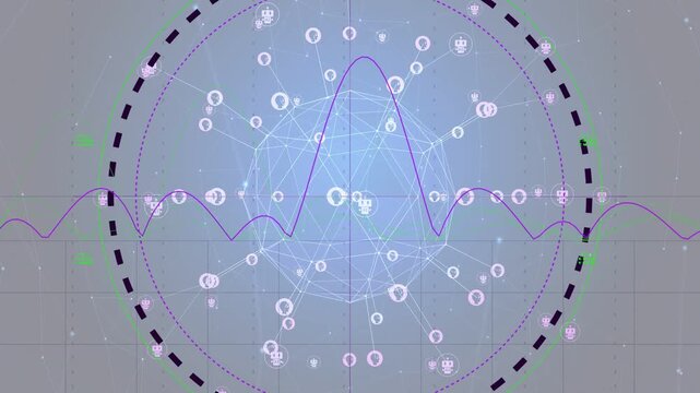 Geodesic sphere pulsing as purple waveform sweeping, lighting nodes and showing network activity