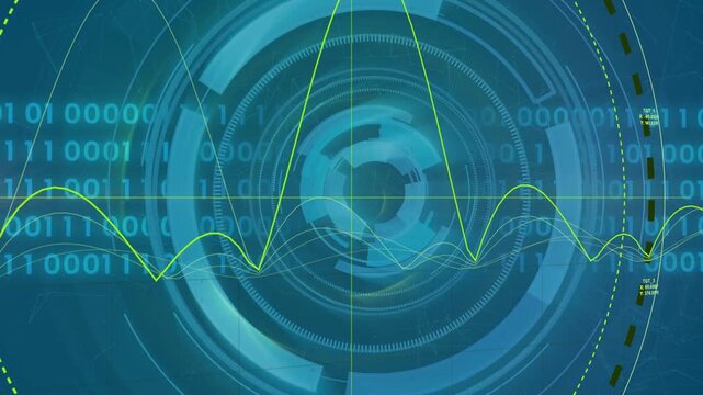 Green wave sweeping left starting central hub rings rotating pulsing binary streams showing data