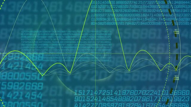 Teal matrix filling screen, initiating lime waveform moving right, modulating visualizing data