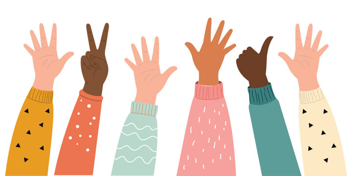 Diverse group of people raising hands with different gestures vector illustration