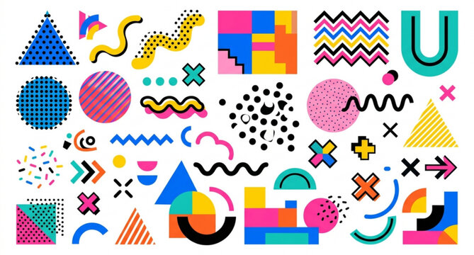 Memphis abstract geometric shapes vector retro design elements set