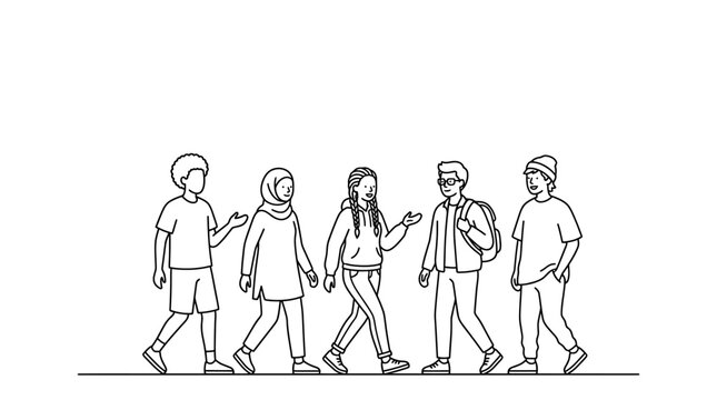 Diverse group of young people walking and talking together in a line.