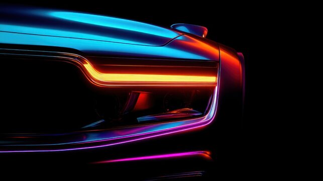 Modern car headlight illuminated in vibrant colors