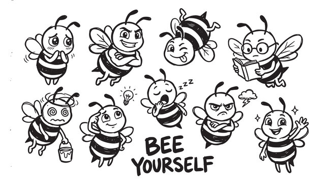Funny bee characters with different emotions and facial expressions set.