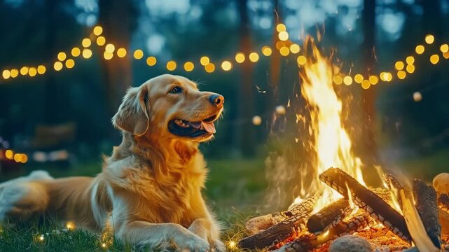 A golden retriever dog lies relaxing near a campfire with strings of decorative lights overhead, creating a cozy outdoor evening atmosphere.