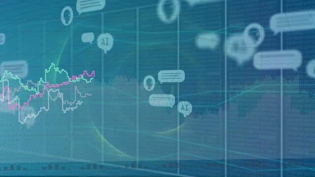 Central ripple pulsing, UI showing chat bubbles stacking, AI tags, charts rising for analytics