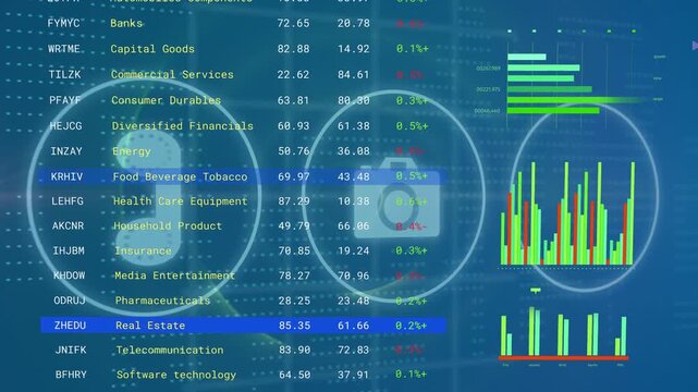 On load, vertical sector list scanning rows, HUD rings pulsing, charts updating to show performance