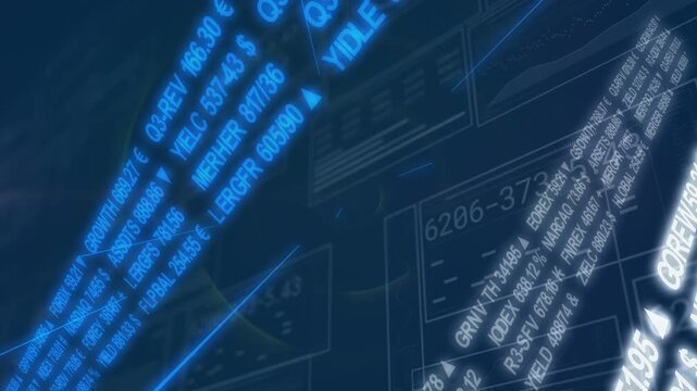 Blue ribbon appearing, curved ribbon sweeping and white tickers rotating, visualizing market trends
