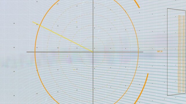 System pulse starting, HUD target circle rotating with yellow radial line sweeping for scan display