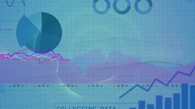 Frames sliding, blue-grid dashboard unfolding, pie filling, lines moving, showing analysis