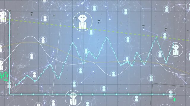 Timeline advancing, dashboard animating cyan trace and white wave, avatars shifting to show metrics