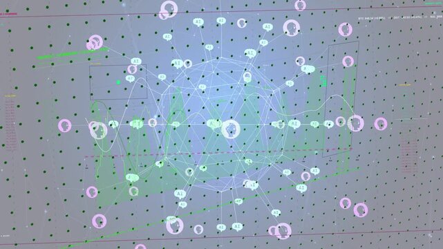 Green curve starting playback, wire sphere showing nodes moving and links swaying, showing change