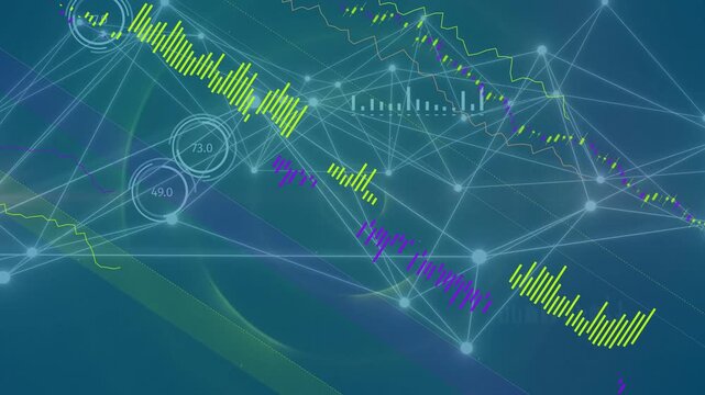 Node-gauge cluster animating after gauge pop, nodes pulsing, lime-purple bars sweeping showing data