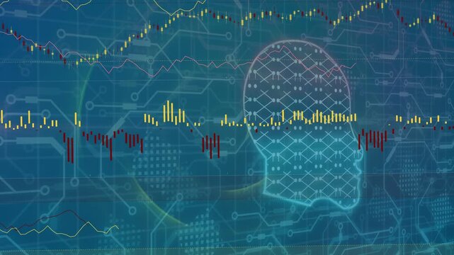 Neon brain glyph fading in, pulsing while analytics charts sliding and settling, showing AI trends