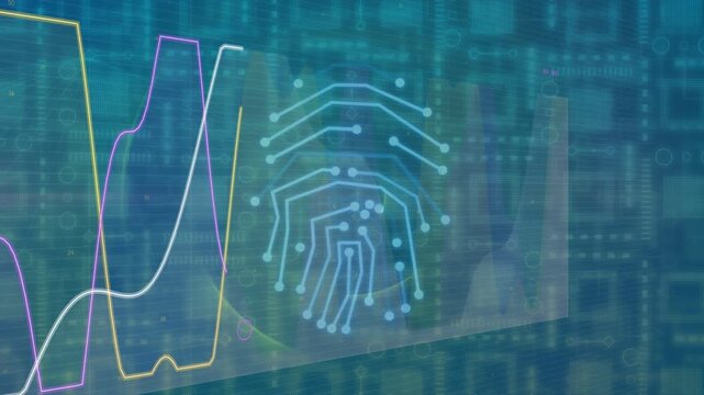 Data pulse starting cyan fingerprint forming while colorful waveforms rising showing biometric data