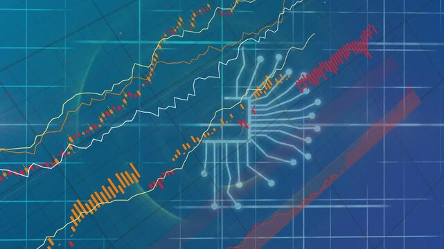 Microchip icon appearing and radiating lines while rising data traces forming metrics on blue grid