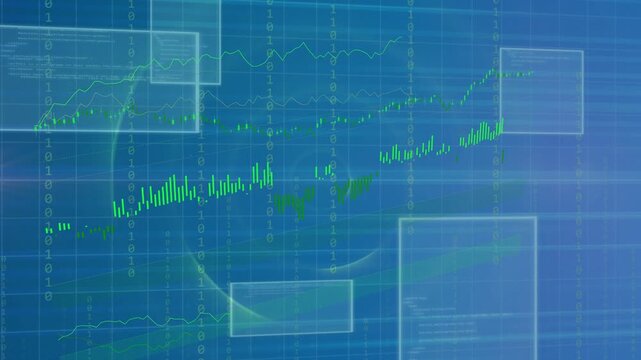 Green streak crossing grid starting charts rising and stacking panels, forming market trend view