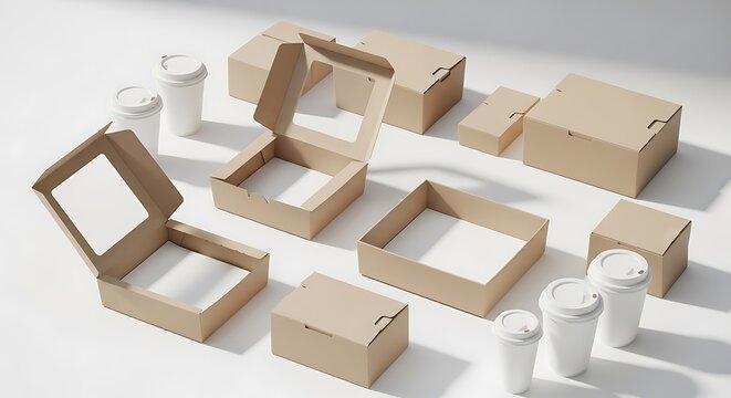 Eco friendly food packaging mockup with brown paper boxes and white coffee cups.