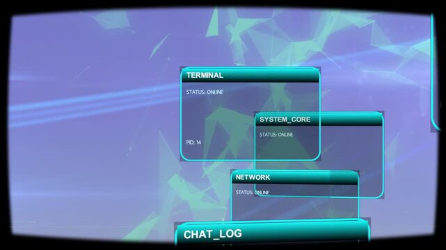 On load cluster of teal UI panels shifting left and up, centering TERMINAL displaying STATUS info