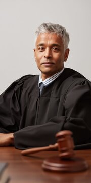 Judge seated presiding at bench in courtroom portrait setting