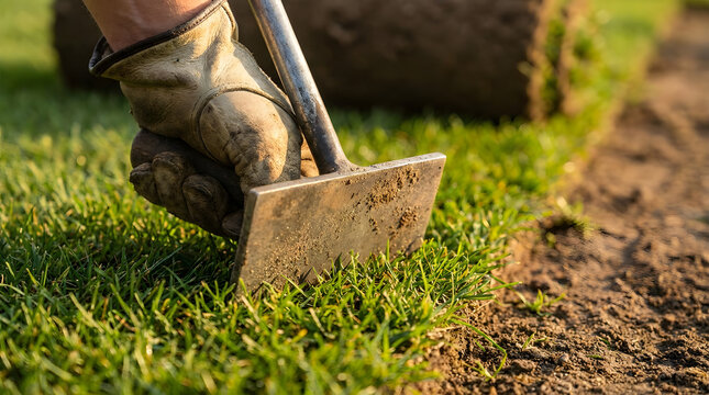 Installing new grass sod lawn | Professional landscaper using turf iron tool | Garden renovation and lawn maintenance |Close up of gloved hand pressing fresh turf |Landscaping services for home garden