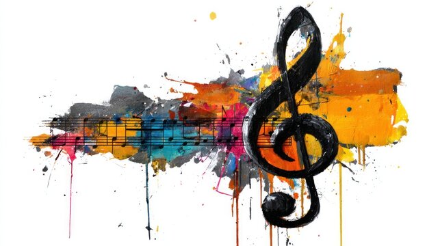 Abstract musical art colorful treble clef and sheet music