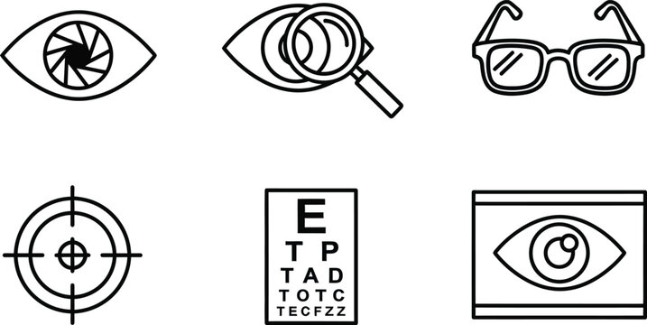 Eye care including eye with camera shutter, magnifying glass, glasses, target, snellen chart, and eye on screen