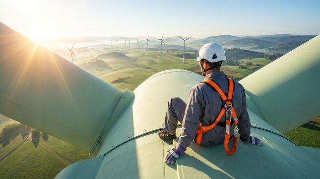 Dedicated engineer on a wind turbine at dawn, overlooking a vast renewable energy farm, embodying the commitment to clean power and a sustainable future