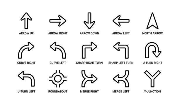 Directional arrow icons showing turns and junctions on white grid