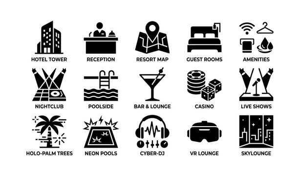 Hotel and resort amenity icons showing rooms pools and entertainment