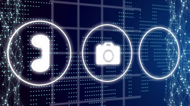 Horizontal glowing UI icon row sliding left triggered by right-edge pulse lighting up to show apps