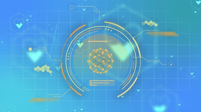 Central HUD appearing then rotating and pulsing node network glowing and scanning to show data flow