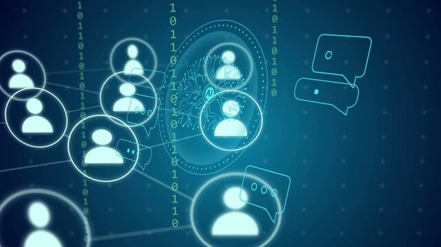 Chat bubble appearing near central AI core, spurring avatars forming and linking via binary streams