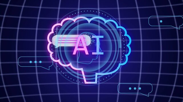 Chat bubbles sliding from sides starting binary covering central AI brain, showing message handling