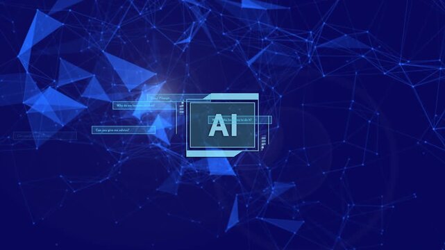 AI module appearing, initiating chat panels emerging with meshes rotating visualizing data flow