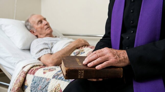 Close-up of a Catholic priest holding a Holy Bible visiting a sick elderly man in a hospital bed. Concept of hospital chaplaincy, pastoral care, and last rites