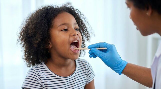 Pediatrician examining the throat of a little African American girl with a wooden tongue depressor. Concept of children's healthcare, routine medical checkup, and pediatrics
