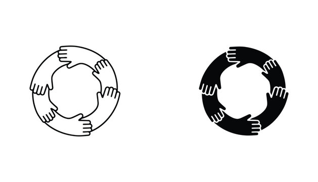 Human hands in circle icon set featuring team unity and collaboration in outline and solid black styles for business and social concepts isolated on white background
