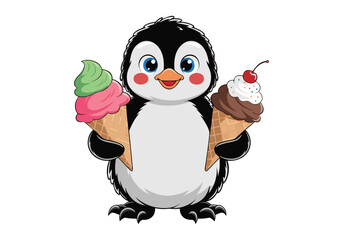 Fototapeta premium Cute penguin chef holding a delicious pink cake with cherry on top vector,