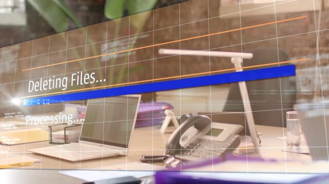 HUD overlay appearing over central desk, changing to 'Deleting Files' and growing blue progress bar