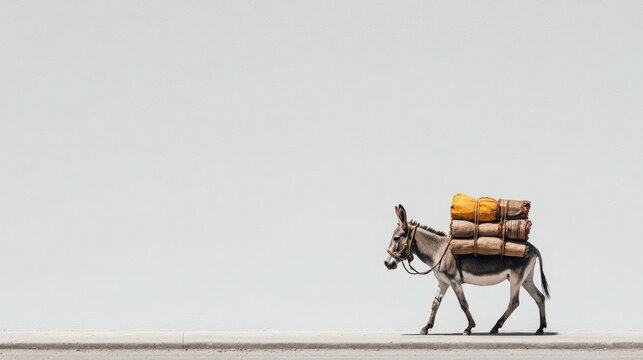 A donkey carries a load, symbolizing travel and trade during a festive holiday atmosphere.