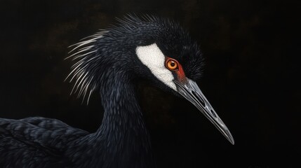 Obraz premium Black crane portrait against dark background. Possible use Stock photo for nature, wildlife, or bird lover themes