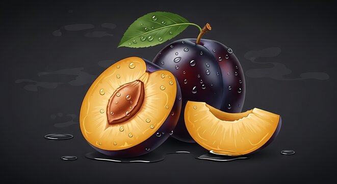 Fresh juicy plums with water droplets and green leaf on dark background