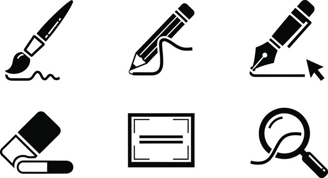 Set of six black and white representing creative tools and actions writing editing