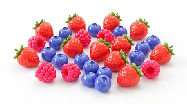 The berries are scattered in a group, creating a colorful and playful pattern against the stark white backdrop.