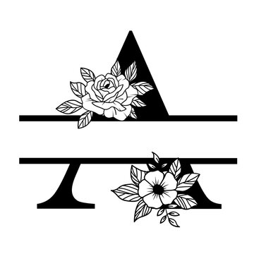 Letter A Floral Split Monogram SVG Rose Flower Initial Design for Cricut Silhouette Personalized Gifts